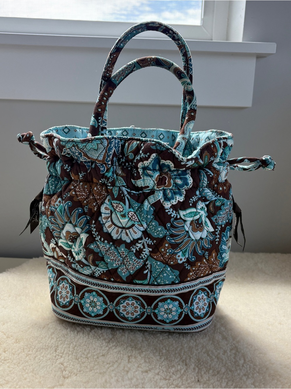 Vera Bradley Retired Print Java Blue 🦋 Drawstring Quilted Handbag Y2K Purse Boho